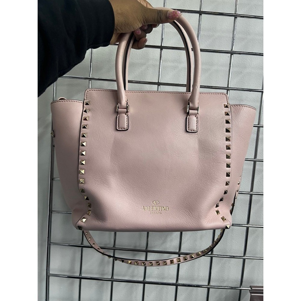 VALENTINO GARAVANI ROCKSTUD 2-WAY BLUSH LEATHER TOTE W/STUDDED STRAP